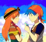  1boy 1girl bandana bandanna beach blue_hair blush chrono_(series) chrono_cross dress eyes_closed female green_eyes leena long_hair male mituihisasi orange_hair rena_(chrono_cross) serge short_hair water 