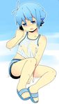  ahoge blue_eyes blue_hair blush boy child highres nipple nipples sandals shirt short_hair shorts shota soma tartarus wet 