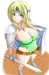  belt big_breasts blonde_hair boots breasts cape celes_chere cleavage female final_fantasy final_fantasy_vi gloves green_eyes headband highres kara_age large_breasts leotard long_hair shoulder_pads solo sword weapon 