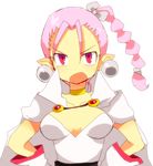  braid breasts cape chrono_(series) chrono_trigger earrings female flea flea_(chrono_trigger) gloves hands_on_hips jewelry leotard long_hair mituihisasi open_mouth pink_hair pointy_ears red_eyes single_braid solo white_background 
