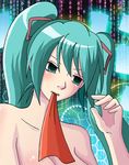  blue_hair hatsune_miku long_hair mouth_hold twintails very_long_hair vocaloid voodoodollmaster 