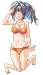  1girl barefoot bikini blue_ribbon breasts brown_eyes cleavage feet female licorice_nelson long_hair midriff open_mouth ponytail ribbon senjou_no_valkyria senjou_no_valkyria_2 side_ponytail silver_hair solo swimsuit wink yuzuki-n yuzuki_n_dash 