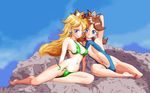  2girls arm_up armpit armpits bathing_suit bikini blush crown feet long_hair looking_at_viewer lying mario_(series) multiple_girls navel nintendo on_side princess_daisy princess_peach sitting smile super_mario_bros. super_mario_land swimsuit tansoku102cm 