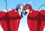  2girls aresta_blanket ass bent_over blue_hair breasts cameltoe fight_ippatsu!_juuden-chan!! fight_ippatsu_juuden-chan glasses headband huge_ass latex long_hair looking_at_viewer looking_back multiple_girls plug_cryostat presenting purple_eyes red_hair short_hair sideboob smile 