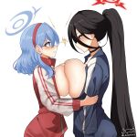  2girls absurdres ako_(blue_archive) arm_grab blue_archive blue_eyes blue_hair blush breast_press breasts breasts_out clenched_teeth eye_contact face-to-face halo hasumi_(blue_archive) hasumi_(gym_uniform)_(blue_archive) highres huge_breasts jacket large_breasts looking_at_another mole mole_under_eye multiple_girls p_chemistry ponytail rivalry school_uniform symmetrical_docking teeth tracen_school_uniform track_jacket yuri 