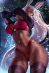  1girl animal_ears ass_visible_through_thighs black_thighhighs blurry blurry_background bra breasts christmas_lights clothes_lift dark-skinned_female dark_skin final_fantasy final_fantasy_xii fran_(ff12) large_breasts lifted_by_self lips long_hair looking_at_viewer navel no_pants olchas panties parted_lips rabbit_ears red_bra red_eyes red_panties shirt_lift signature solo thighhighs underwear viera watermark white_hair 