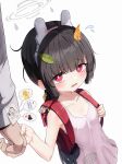 1boy 1girl absurdres animal_ears backpack bag bangs black_hair blue_archive blunt_bangs blush dress fake_animal_ears gro_(lee145879) halo highres holding_hands leaf leaf_on_head long_hair miyu_(blue_archive) mole_on_body pink_dress red_eyes sensei_(blue_archive) simple_background solo_focus white_background 