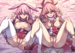  2girls :d animal_ears bangs bed blush breasts censored company_connection crossover earrings fox_ears genshin_impact hair_ornament holding holding_hands honkai_(series) honkai_impact_3rd japanese_clothes jewelry kimono lao_meng large_breasts long_hair looking_at_viewer lying mihoyo mosaic_censoring multiple_girls nipples nontraditional_miko nude on_back open_mouth pink_hair pink_skirt pov purple_eyes sakura_ayane short_kimono skirt smile spread_legs thighhighs trait_connection voice_actor_connection white_sleeves white_thighhighs yae_miko yae_sakura yae_sakura_(gyakushinn_miko) zouri 