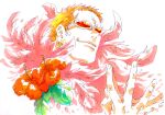  1boy blonde_hair donquixote_doflamingo earrings feather_coat feathers flower jewelry leaf male_focus mawari28 one_piece orange_flower own_hands_together portrait short_hair smile solo sunglasses upper_body white_background 