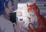  1boy 1girl azazel_ameri blue_hair cake caught ceciliarinchan cellphone colored_sclera curly_hair eating english_text fangs food grey_sclera hair_horns highres holding holding_phone long_hair mairimashita!_iruma-kun phone pointy_ears red_hair refrigerator refrigerator_interior shirt sleeveless sleeveless_shirt smartphone suzuki_iruma watermark white_shirt yellow_eyes 