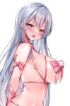  1girl blush breasts brown_eyes grey_hair highres katsushika_pachi large_breasts long_hair looking_at_viewer navel open_mouth original red_ribbon ribbon shiny shiny_hair simple_background upper_body white_background 