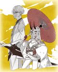  1boy 1girl bare_shoulders body_markings bowl_cut cropped_legs earrings facial_mark fate/grand_order fate_(series) fingernails forehead_mark formal horns ibaraki_douji_(fate) isagiyo japanese_clothes jewelry kimono long_hair monochrome off_shoulder oil-paper_umbrella oni oni_horns pointy_ears red_umbrella sharp_fingernails short_kimono spot_color suit sword two-tone_background umbrella watanabe_no_tsuna_(fate) weapon 