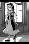  1girl animal_ears bangs blue_archive braid commentary_request dress greyscale gun habit halo handgun highres holding holding_gun holding_weapon indoors letterboxed long_hair long_sleeves mari_(blue_archive) monochrome neckerchief sailor_collar sailor_dress shoes side_braid smile solo walking weapon youtike 