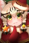  1girl animal_ears cat_ears cat_girl christmas closed_mouth extra_ears geoffroy&#039;s_cat_(kemono_friends) gloves green_eyes grey_hair hair_ornament hat highres hikarikmy kemono_friends kemono_friends_v_project looking_at_viewer multicolored_hair ribbon santa_costume santa_hat simple_background solo star_(symbol) virtual_youtuber 