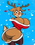  &lt;3 anthro antlers big_breasts big_butt blush breasts brown_body brown_fur butt capreoline cervid cleavage clothed clothing costume domelynonix female fur hi_res horn legwear looking_at_viewer mammal red_nose reindeer rudolph_the_red-nosed_reindeer santa_costume santa_dress smile snow solo standing thick_thighs thigh_highs wide_hips 