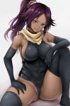  1girl arm_rest ass_visible_through_thighs black_gloves black_leotard black_thighhighs bleach breasts covered_navel dark-skinned_female dark_skin elbow_gloves gloves hand_on_own_thigh highres knee_up large_breasts leotard long_hair looking_at_viewer parted_lips partially_visible_vulva ponytail purple_hair r-binon scarf shihouin_yoruichi sitting smile solo thighhighs thighs white_background yellow_eyes yellow_scarf 