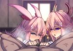  1boy 2girls :o animal_ears bangs bare_shoulders blurry blurry_background blush censored company_connection cum cum_on_hair dark-skinned_male dark_skin earrings erection facial fellatio ffm_threesome fox_ears genshin_impact group_sex hair_ornament honkai_(series) honkai_impact_3rd indoors japanese_clothes jewelry lao_meng long_hair looking_at_viewer male_pubic_hair mihoyo mosaic_censoring multiple_girls name_connection open_mouth oral penis pink_hair pov pubic_hair purple_eyes sakura_ayane threesome trait_connection voice_actor_connection yae_miko yae_sakura yae_sakura_(gyakushinn_miko) 