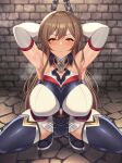  1girl armpits black_thighhighs blush breasts brown_hair chain chained chained_wrists furen_e_lustario large_breasts long_hair nijisanji red_eyes skirt solo squatting steaming_body sweat thighhighs veryhardloco virtual_youtuber zettai_ryouiki 