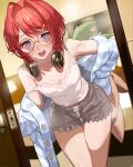  1girl :d ahoge ange_katrina armpits blue_eyes blush camisole door glasses hair_intakes hair_ornament hairclip headphones headphones_around_neck highres jacket jacket_partially_removed looking_at_viewer nijisanji open_mouth opening_door red_hair short_hair shorts smile solo strap_slip sweat theamazingspino 