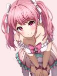 1girl absurdres bang_dream! blush breasts cleavage dress frilled_dress frills from_above hair_ribbon highres leaning_forward looking_at_viewer maruyama_aya noshimurin pink_eyes pink_hair ribbon simple_background smile solo strapless strapless_dress twintails 