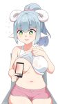  1girl animal_ears animal_nose artist_name asahi_kotone bare_arms bare_shoulders blue_hair blush breasts cellphone clothes_lift collarbone commentary flying_sweatdrops green_eyes highres horns indie_virtual_youtuber large_breasts lifted_by_self light_blue_hair medium_hair navel phone pink_shorts plump ponytail raised_eyebrows selfie sheep_ears sheep_girl sheep_horns shirt shirt_lift shorts sidelocks simple_background sitting smartphone solo spanish_commentary star-shaped_pupils star_(symbol) stomach sweat symbol-shaped_pupils taking_picture tank_top unsfrau virtual_youtuber wet wet_clothes white_background white_shirt white_tank_top 
