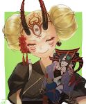  1girl ;p big_hair black_kimono blonde_hair chinese_clothes double_bun dudou earrings eyeliner facial_mark fangs fate/grand_order fate_(series) fingernails flower forehead_mark gourd hagoita hair_bun hair_flower hair_ornament horns ibaraki_douji_(fate) ibaraki_douji_(sign_of_smiling_face)_(fate) isagiyo japanese_clothes jewelry kimono looking_to_the_side makeup one_eye_closed oni oni_horns paddle sharp_fingernails short_sleeves shuten_douji_(fate) shuten_douji_(halloween_caster)_(fate) skin-covered_horns smile solo tongue tongue_out two-tone_background upper_body yellow_eyes 