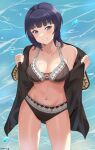  1girl absurdres asaka_karin bikini black_hair black_jacket blue_eyes breasts brown_bikini cleavage cowboy_shot grin highres jacket large_breasts looking_at_viewer love_live! love_live!_nijigasaki_high_school_idol_club mmpy7485 open_clothes open_jacket parted_lips short_hair smile solo standing swimsuit water wet wet_clothes 