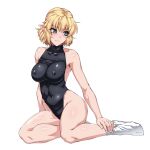  1girl armpits bangs black_leotard blonde_hair blush breasts closed_mouth commentary_request covered_nipples full_body green_eyes highres legs leotard looking_to_the_side medium_breasts mizuhashi_parsee no_shoes ootsuki_wataru pointy_ears shiny shiny_skin short_hair simple_background single_bare_shoulder solo tabi touhou twitter_username 
