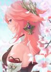  1girl absurdres animal_ears bare_shoulders blue_sky blurry blurry_background branch breasts closed_mouth depth_of_field detached_sleeves earrings falling_petals floppy_ears flower flower_knot fox_ears from_side genshin_impact hair_between_eyes hair_ornament highres inakanoinonaka jewelry long_hair looking_at_viewer medium_breasts petals purple_eyes shirt sideways_glance sky sleeveless sleeveless_shirt smile solo teeth turtleneck upper_teeth white_flower white_shirt yae_miko 