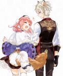  1boy 1girl animal_ears atelier_(series) atelier_escha_&amp;_logy blush choker closed_eyes escha_malier from_behind gloves hat heart holding_another&#039;s_arm karasumi_(aiseec) logix_ficsario long_sleeves looking_at_another open_mouth pants pink_hair shirt short_hair simple_background skirt smile standing tail thighhighs twintails vest white_background white_hair white_shirt wide_sleeves 