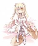  1girl :o bangs blonde_hair blush boots character_name dress expressionless flower flower_over_eye full_body hair_flower hair_ornament juliet_sleeves kirakishou knee_boots long_hair long_sleeves looking_at_viewer on_bed pov pov_hands puffy_sleeves rose rozen_maiden seiko_(cleanage) sidelocks simple_background sitting solo_focus wavy_hair white_background white_dress white_flower white_rose 