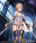  1girl bare_shoulders black_gloves black_thighhighs blonde_hair blue_eyes breasts character_request commentary_request copyright_name elbow_gloves evertale gloves highleg highleg_leotard highres holding holding_sword holding_weapon large_breasts leotard looking_at_viewer navel o-ring parted_lips sage_joh solo standing sword thighhighs thighs weapon white_leotard 