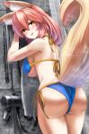  1girl animal_ear_fluff animal_ears ass back bangs bare_shoulders bikini blue_bikini blush breasts fate/grand_order fate_(series) fox_ears fox_girl fox_tail highres large_breasts long_hair looking_at_viewer looking_back open_mouth pink_hair sidelocks smile solo swimsuit tail tamamo_(fate) tamamo_no_mae_(swimsuit_lancer)_(fate) thighs totororo yellow_eyes 