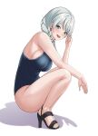  1girl absurdres arm_on_knee bang_dream! bangs bare_arms bare_shoulders blue_eyes blue_one-piece_swimsuit blush braid breasts commentary_request from_side full_body grey_hair hand_up high_heels highres holding holding_hair large_breasts long_hair looking_at_viewer looking_to_the_side low_twin_braids low_twintails no_socks parted_lips ptal sandals school_swimsuit shadow sidelocks simple_background smile solo squatting swimsuit twin_braids twintails upper_body wakamiya_eve white_background 