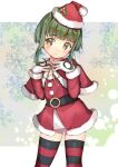  1girl absurdres alternate_costume belt bob_cut brown_eyes capelet contrapposto cowboy_shot dress fur-trimmed_capelet fur-trimmed_dress fur-trimmed_headwear fur_trim gloves green_hair hat highres kantai_collection red_capelet red_dress red_headwear santa_dress santa_hat short_hair short_hair_with_long_locks sidelocks smile solo standing striped striped_thighhighs takanami_(kancolle) thighhighs white_gloves yashin_(yasinz) 