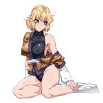  1girl arm_warmers armpits bangs black_leotard blonde_hair blush breasts brown_shirt closed_mouth commentary_request covered_nipples full_body green_eyes highres legs leotard leotard_under_clothes looking_to_the_side medium_breasts mizuhashi_parsee no_shoes off_shoulder ootsuki_wataru pointy_ears shiny shiny_skin shirt short_hair short_sleeves simple_background single_bare_shoulder solo tabi touhou twitter_username 