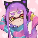  1girl animal_ear_headphones animal_ears aqua_sweater bangs cat_ear_headphones fake_animal_ears hand_on_headphones headphones heart highres inkling inkling_girl looking_at_viewer mikoshiba_m pink_background pink_sweater purple_hair sleeves_past_wrists smile splatoon_(series) sweater tentacle_hair thick_eyebrows upper_body yellow_eyes 