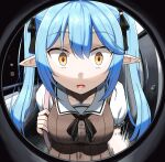  1girl blue_hair breasts door dorianpanda fisheye hair_ribbon highres hololive jewelry large_breasts motion_lines necklace open_mouth peephole pointy_ears pov puffy_short_sleeves puffy_sleeves ribbon shaded_face short_sleeves smile solo twintails upper_body virtual_youtuber yellow_eyes yukihana_lamy 