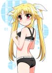  1girl ass black_bra black_panties blonde_hair blush bra breasts closed_mouth fate_testarossa hair_ribbon highres long_hair looking_at_viewer lyrical_nanoha mahou_shoujo_lyrical_nanoha mahou_shoujo_lyrical_nanoha_a&#039;s miyajima_hitoshi panties red_eyes ribbon shiny shiny_hair shiny_skin simple_background small_breasts smile solo twintails underwear white_background 