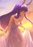  1girl animal_ears bag bangs bare_shoulders bracelet breasts dark-skinned_female dark_skin dress earrings egyptian facepaint facial_mark fate/grand_order fate_(series) gradient_sky hair_between_eyes hairband highres hoop_earrings jackal_ears jewelry leaning_forward looking_at_viewer medium_breasts nitocris_(fate) orange_sky otsukemono purple_eyes purple_hair sidelocks sky smile solo sunset white_dress 