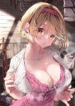  1girl 218 blonde_hair blush bow breasts brown_eyes cleavage collarbone commentary_request cropped_shirt djeeta_(granblue_fantasy) dress granblue_fantasy hairband indoors looking_at_viewer medium_breasts open_clothes open_shirt parted_lips pink_dress pink_hairband red_bow sheath sheathed shirt short_sleeves solo steaming_body sweat sweating_profusely sword undressing weapon white_shirt white_sky 