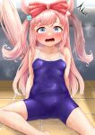  agnes_digital_(umamusume) alternate_costume animal_ears blush bow breasts commentary_request floor hair_bow highres horse_ears horse_tail looking_at_viewer naka_ushiro navel open_mouth pink_hair school_swimsuit small_breasts spread_legs surprised sweat swimsuit tail umamusume wet 