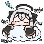  blush chibi closed_eyes cloud eversoul frilled_sleeves frills hair_ribbon headband jazz_jack korean_commentary korean_text lowres mephistopheles_(eversoul) ribbon sleep_bubble sleeping sleeves_past_fingers sleeves_past_wrists transparent_background two-tone_dress white_hair zzz 