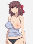  1girl absurdres black_panties blue_shirt blush breast_slip breasts brown_eyes brown_hair covered_nipples girls_und_panzer hair_ribbon highres kondou_taeko large_breasts nipples no_bra one_breast_out onsen_tamago_(hs_egg) open_mouth panties ribbon shirt simple_background sketch solo standing underwear white_background 