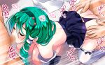  1girl 2boys ass ass_grab back bangs blush bouncing_breasts breasts censored closed_eyes clothing_aside commentary_request detached_sleeves feet_out_of_frame fellatio frog_hair_ornament green_hair green_hairband group_sex hair_between_eyes hair_ornament hair_tubes hairband kochiya_sanae large_breasts long_hair miniskirt mmf_threesome mosaic_censoring multiple_boys nipples open_mouth oral panties panties_aside penis print_skirt purple_panties purple_skirt pussy_juice_stain ribbon-trimmed_thighhighs sex single_sidelock skirt snake_hair_ornament solo_focus spitroast sweat thighhighs threesome touhou underwear vaginal white_thighhighs yamaguchi_yuu 