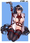  1girl absurdres arms_behind_back bangs bdsm black_hair black_thighhighs blue_background blush bondage border bound bound_arms bound_legs bound_thighs bound_torso bound_wrists breasts collarbone commission covered_nipples dogs_(dlrkdejr26) full_body girls&#039;_frontline hair_ornament hairclip hexagram highres jericho_(girls&#039;_frontline) korean_commentary legs long_hair long_sleeves looking_at_viewer medium_breasts multicolored_hair navel open_clothes open_mouth open_shirt purple_eyes red_ribbon ribbon shirt sitting solo star_of_david streaked_hair sweatdrop teardrop tears teeth thighhighs thighs twitter_username upper_teeth very_long_hair white_border white_shirt 