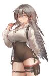  1girl absurdres arknights arm_behind_back breasts commentary cowboy_shot fartooth_(arknights) feather_hair gauntlets green_eyes grey_hair hair_twirling high-waist_shorts highres kaguura_(kagu) large_breasts long_hair simple_background standing thigh_pouch thigh_strap 