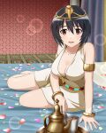  1girl alternate_costume artist_request black_hair blush brave_witches breasts cleavage collarbone egyptian_clothes indoors large_breasts looking_at_viewer official_art on_bed open_mouth red_eyes shimohara_sadako shiny shiny_hair shiny_skin short_hair smile solo tea_set world_witches_series 