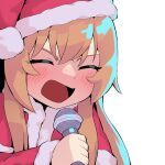  1girl aisaka_taiga bangs blush brown_hair closed_eyes commentary fur-trimmed_headwear fur_trim hat holding holding_microphone long_hair microphone open_mouth pom_pom_(clothes) santa_costume santa_hat simple_background solo symbol-only_commentary toradora! upper_body viroa white_background 