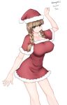  1girl absurdres alternate_costume braid breasts brown_eyes brown_hair dress feet_out_of_frame fur-trimmed_dress fur_trim hat highres kantai_collection large_breasts long_hair looking_at_viewer maru_(marg0613) red_dress red_headwear santa_hat shinshuu_maru_(kancolle) simple_background solo twin_braids white_background 